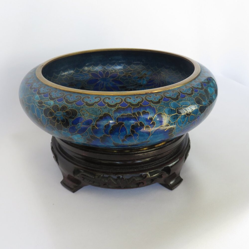 Jingfa Cloisonne Blue and Gold Floral Bowl and Stand Vintage Chinese........126